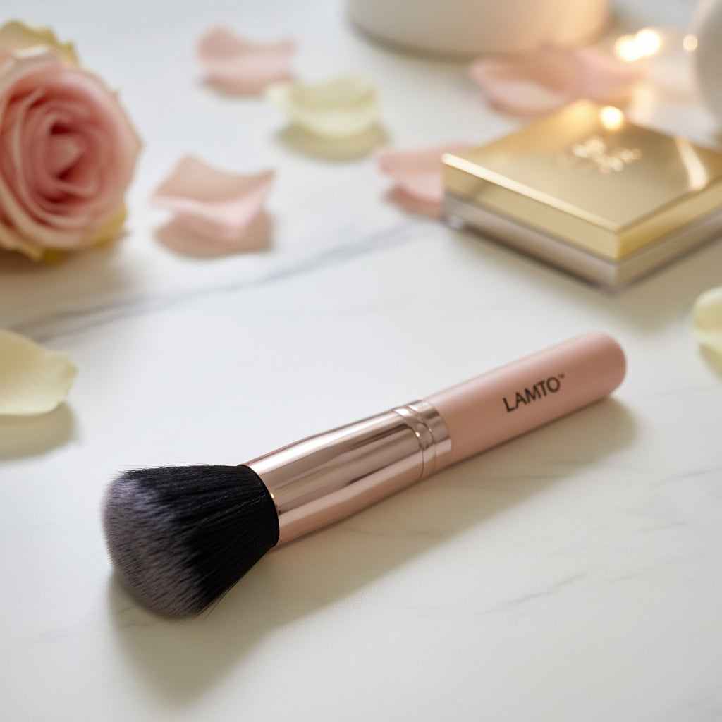 2pc LAMTO Kabuki Flat Top Foundation Brush – Synthetic Fiber, Pink & Black