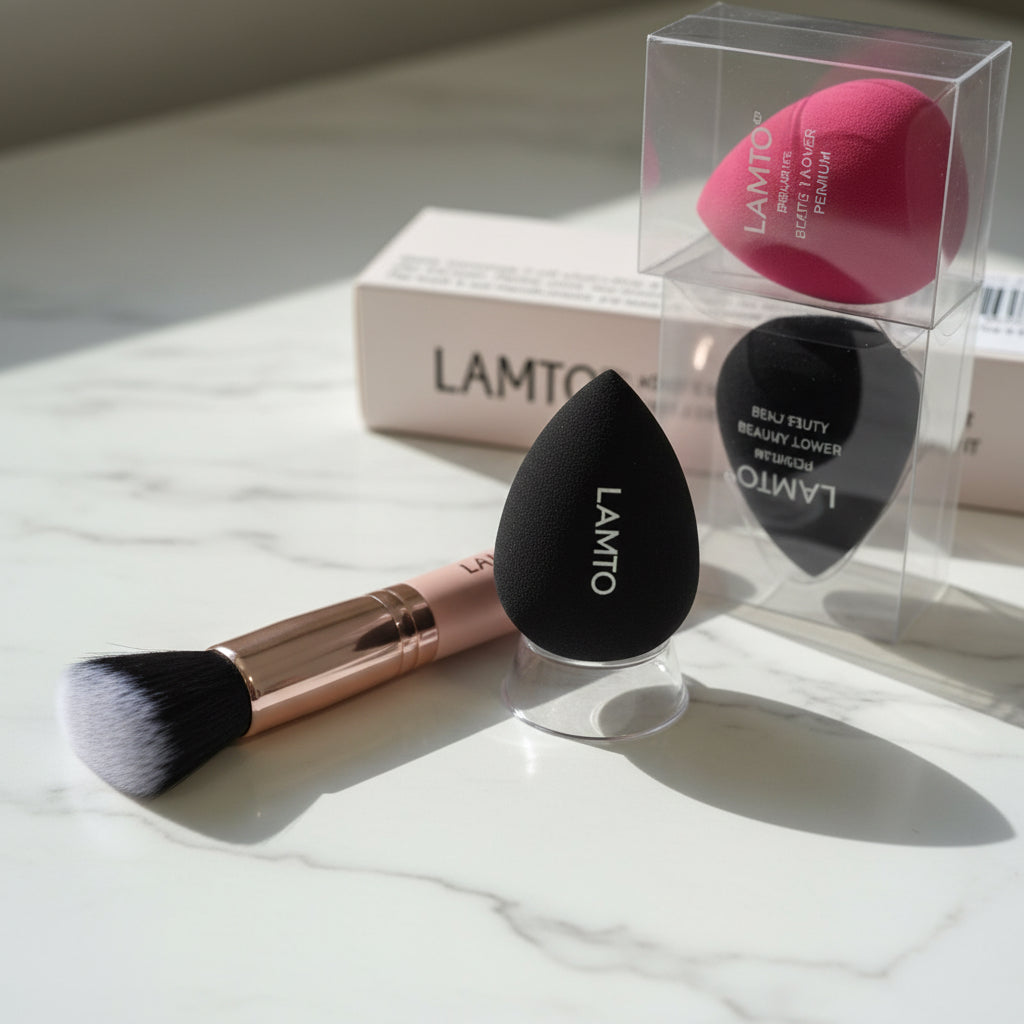 3 pc LAMTO Latex-Free 3pc Set: Kabuki Makeup Brush +2 Beauty Sponges, Multicolor