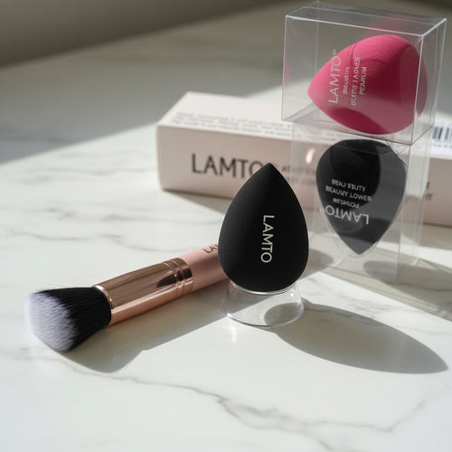 3 pc LAMTO Latex-Free 3pc Set: Kabuki Makeup Brush +2 Beauty Sponges, Multicolor