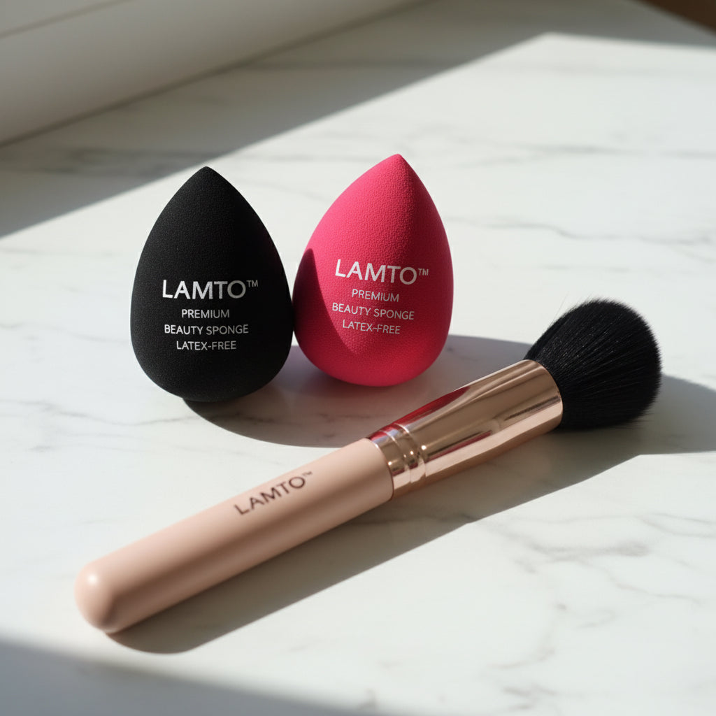 3 pc LAMTO Latex-Free 3pc Set: Kabuki Makeup Brush +2 Beauty Sponges, Multicolor