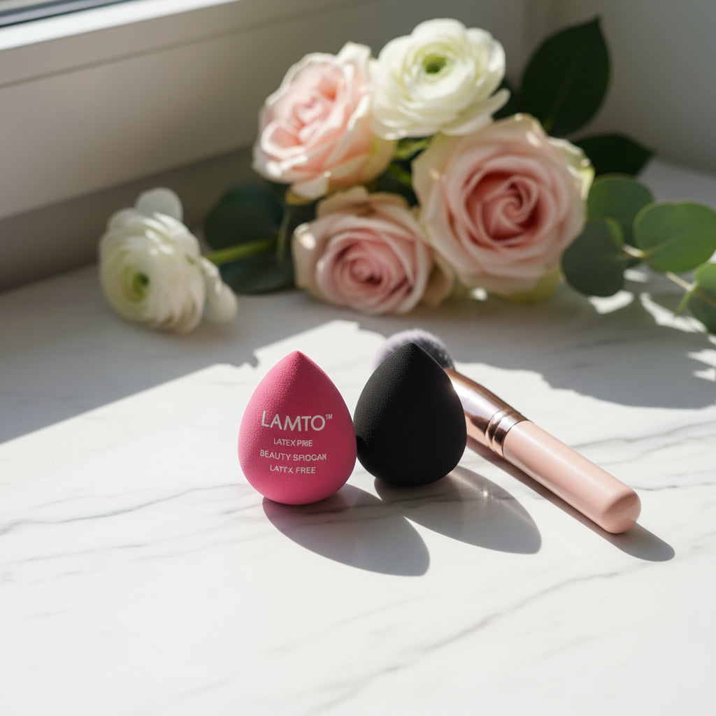 3 pc LAMTO Latex-Free 3pc Set: Kabuki Makeup Brush +2 Beauty Sponges, Multicolor